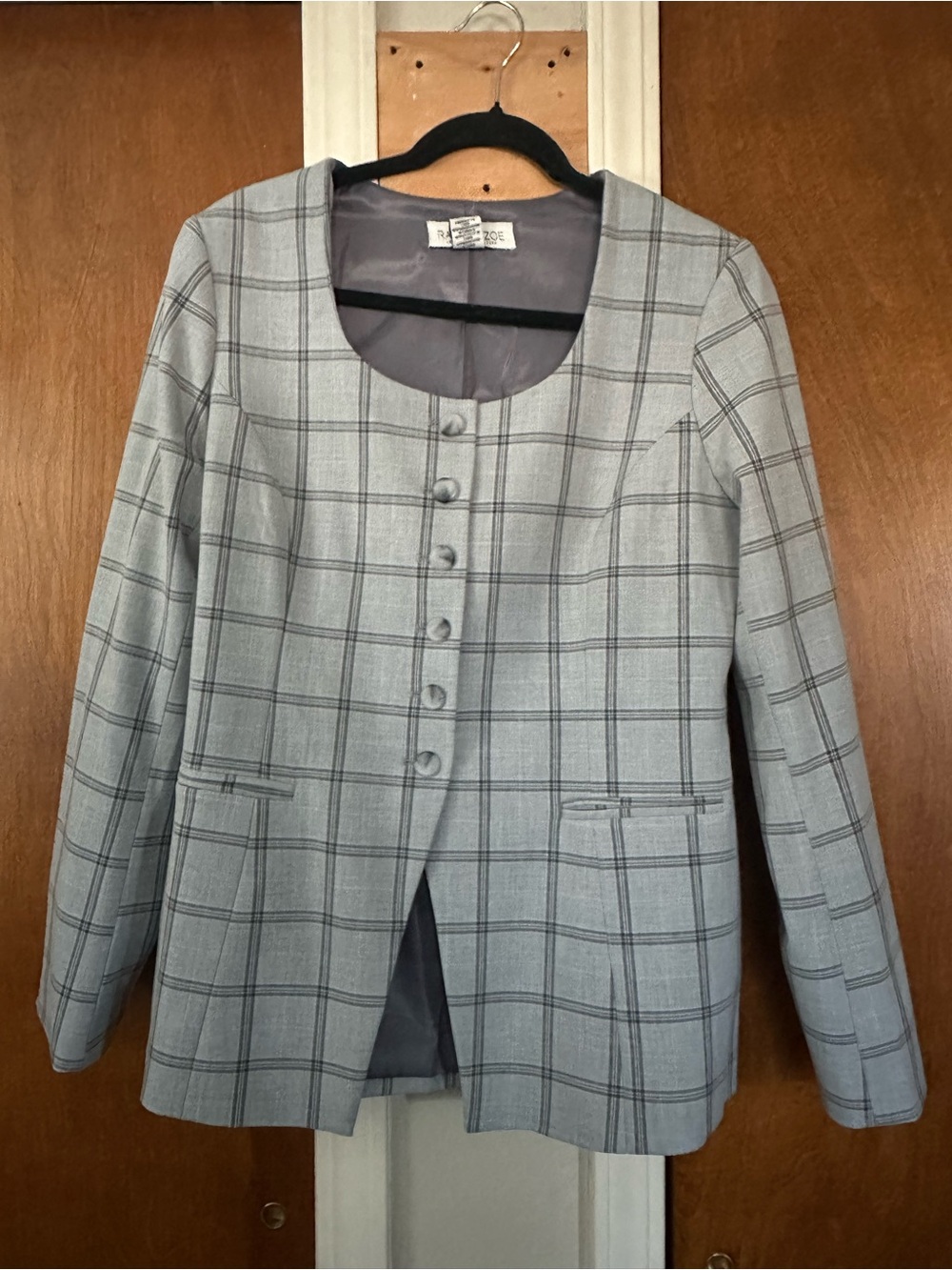 Rachel Zoe Light Gray Plaid Round-Neck Button Blazer